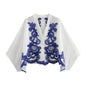 Jenny&Dave Vintage Blue Embroidered V-neck Moroccan Bohemian Blouse Women Top Summer Fashion Ladies Loose Shirt