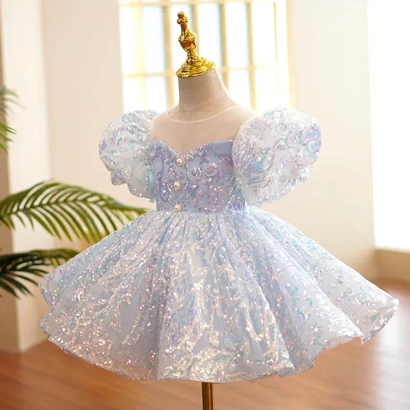 Kids Birthday Party Dresses for Little Girl Size 2 To 14 Years Prom Sequin Dress 2025 Luxury Gowns Sky Blue Evening Formal Frock