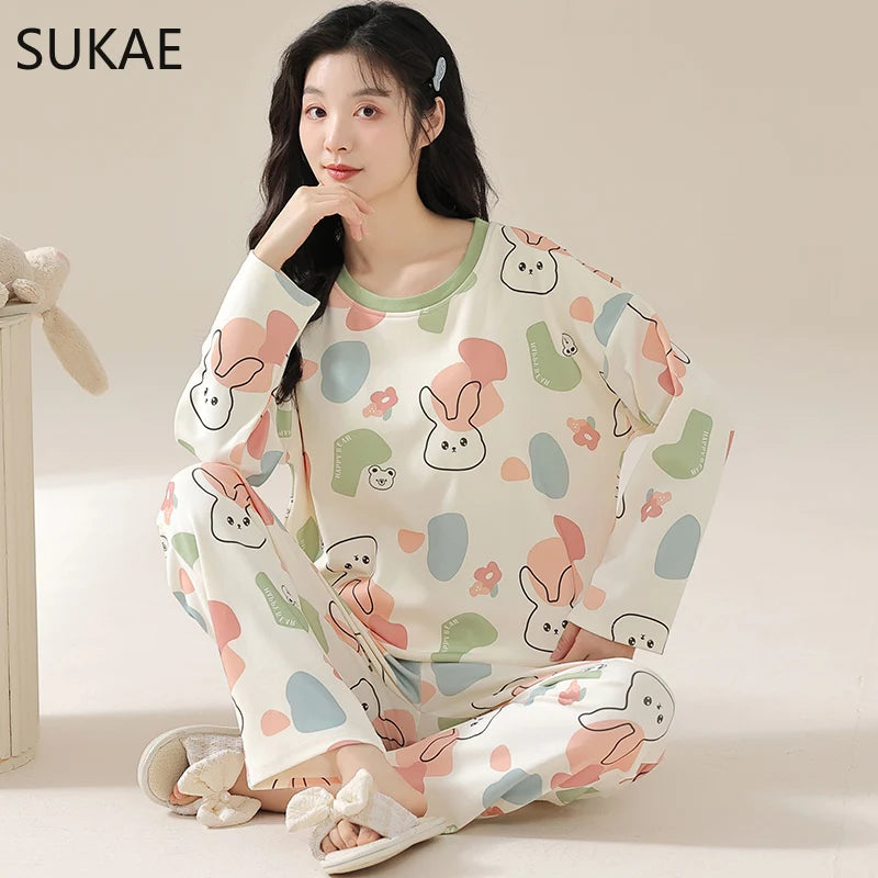 SUKAE M-5XL Big Size Women Pajama Set Autumn Winter New Cotton Long Sleeves Woman Sleepwear Casual Girl Pijama Cartoon Nightwear