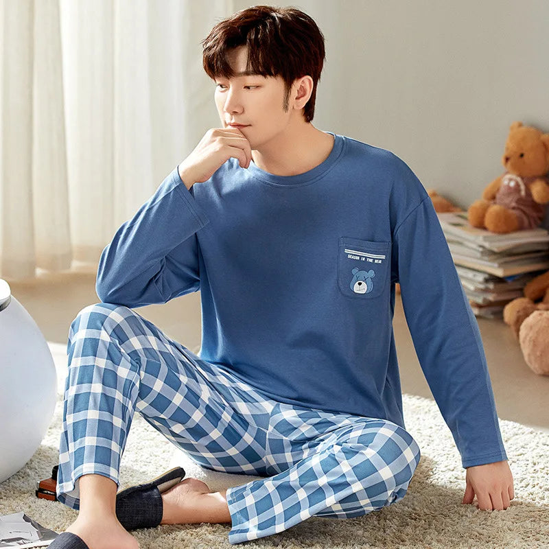 100% Cotton Men Pajamas Set Long Sleeve Pijama for Male S-XXXL Size Homewear Pure Cotton Loungewear Nightie Sleepwear Man Pyjama