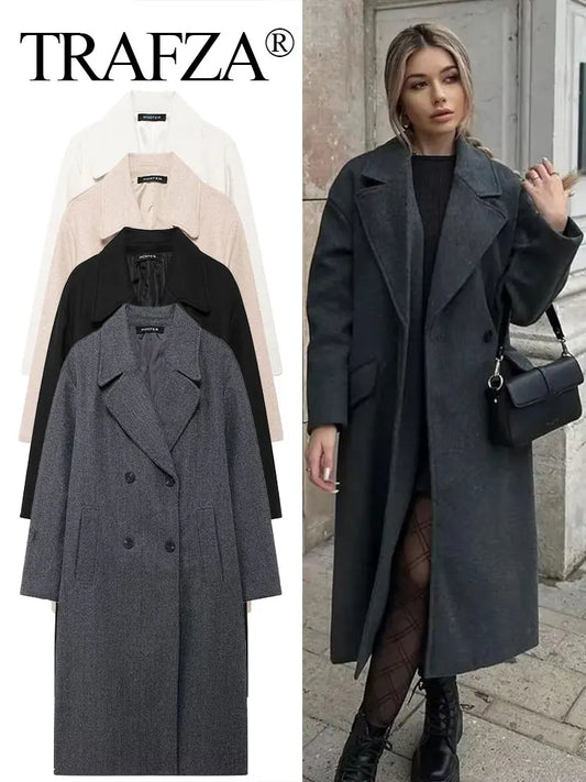 TRAFZA Winter Coat For Women Solid Lapel Double Breasted Long Cardigan Top Female Pokcet Streetwear Woman New In OuterCoat