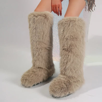 Women New Faux Fox Fur Long Boots Knee High Light Colour Fur Snow Boots Ladies Platform Push Shoes Drop Shipping Winter Shoes