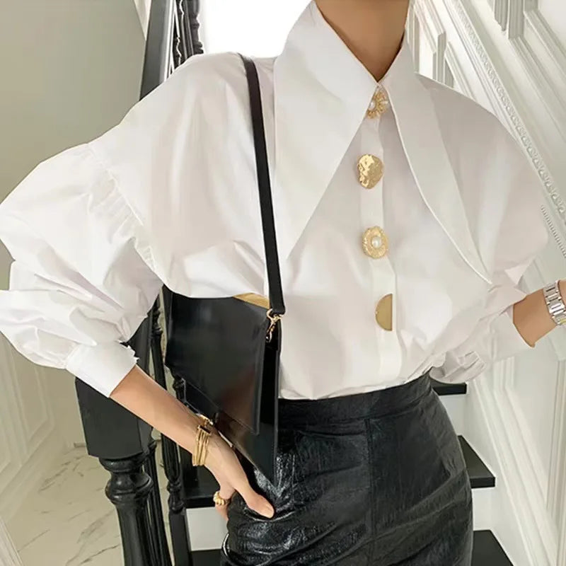 Autumn Long Sleeve Women Shirt Fashion Spring Lanter Sleeve Cotton Blouses Office Lady Elegant Tops Casual Loose Clothing