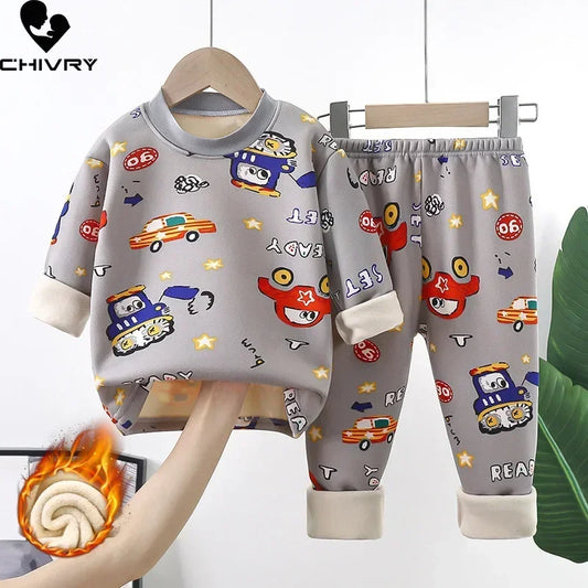 New 2025 Autumn Winter Kids Thicken Warm Pajamas Baby Boys Girls Cartoon Long Sleeve Pyjamas Toddler Sleepwear Clothing Sets