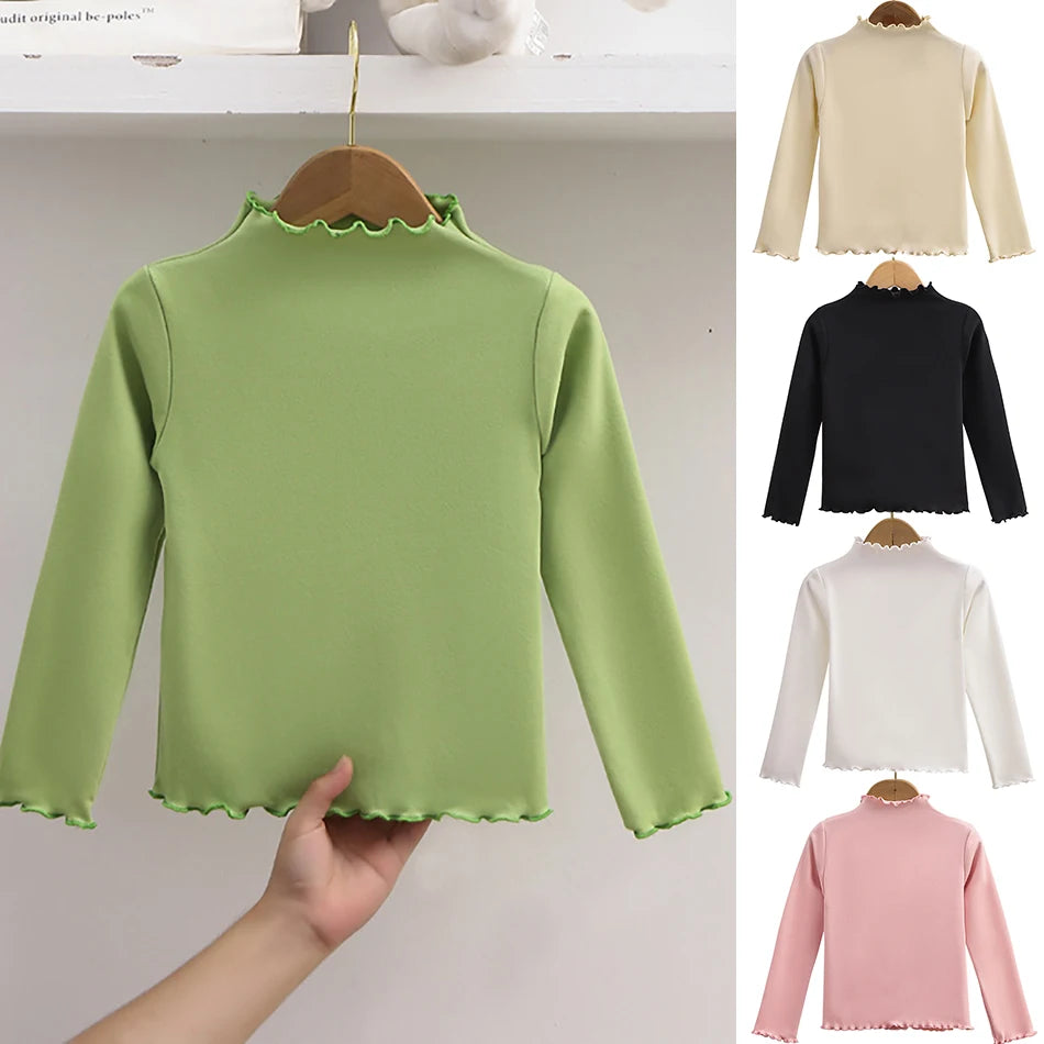 Autumn Winter Fashion Girl Long Sleeve T-Shirt with Ruffle Edges for Kids Soft and Warm Solid Color Children Casual Clothes Tops