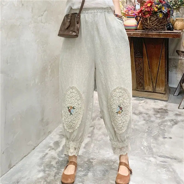 2025 New Spring and Summer Vintage Art High Waist Lace Lace Jacquard Casual Loose Simple Solid Color Comfortable Harlan Pants