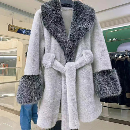 Vintage  Faux Fox Coat Women Luxury Fur Collar  Long Sleeve Oversize With Belt Female Warm Jacket Winter  Lady Plush Top