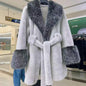 Vintage  Faux Fox Coat Women Luxury Fur Collar  Long Sleeve Oversize With Belt Female Warm Jacket Winter  Lady Plush Top