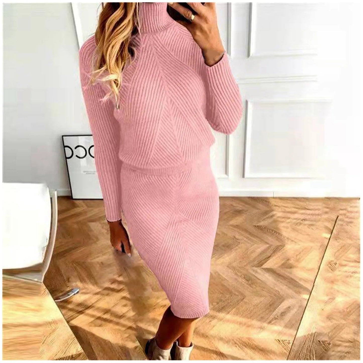 Winter Elegant Women'S Sets Korean Large Knitted Turtleneck Y2k Pencil Skirt Sets 2 Piece Outfit Office New In Matching Sets