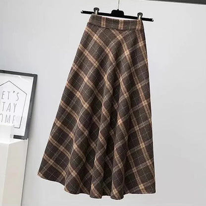 Rimocy Autumn Winter Woolen Skirt Women Korean Style Thick High Waist Long Skirt Woman A Line Pleated Plaid Skirt Female