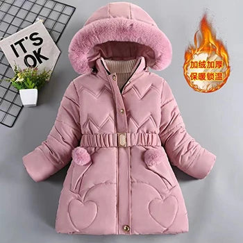 New Autumn Winter Girls Jacket Furball Thicken Warm Little Princess Coat Hooded Zipper Fur Collar Outerwear 4 5 6 7 8 9 10 Years