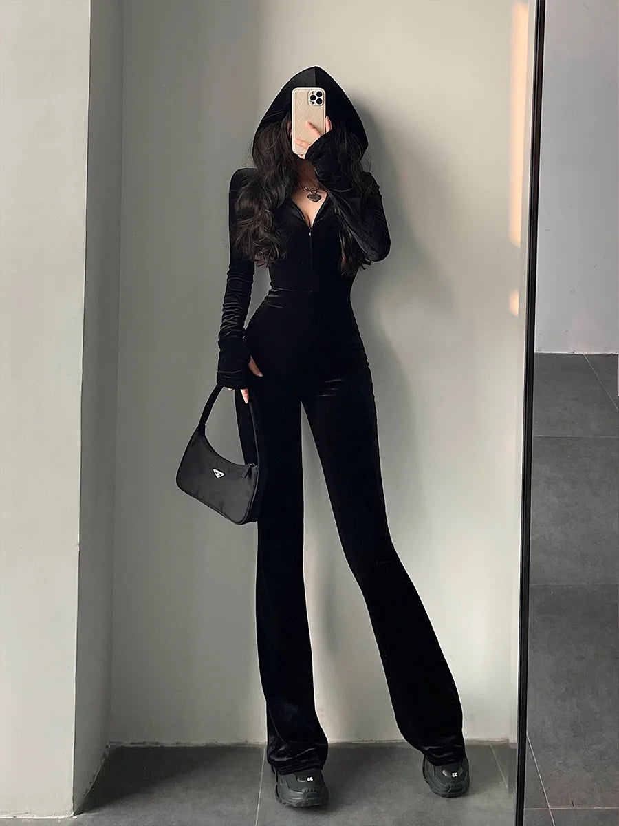 TVVOVVIN  Fashion Black Velvet Slim Hooded Zipper Long Sleeve Flare Pants Jumpsuit Rompers Korean Sexy Hot Tops