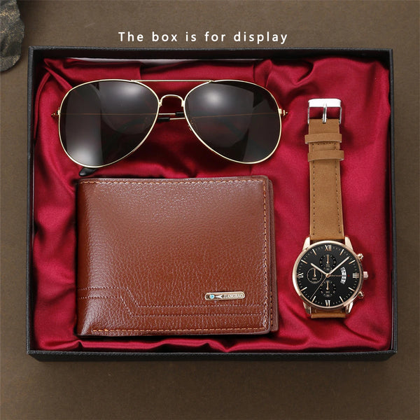 3pcs Men's Fashion Versatile Watch - Quartz Movement, Handsome Sunglasses, Wallet Business Leisure Party Holiday Gift