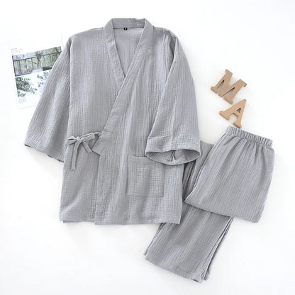 Men and Women 100% Cotton Pajamas Plus Size Loose Bathrobes V-Neck Kimono Pijama Mujer Three Quarter Sleepwear Couple Loungewear