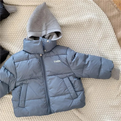 2025 New Winter Baby Toddler Boy Korean Style Knitted Patchwork Hooded Jacket Coat Thicken Outdoor Wear 2-7YEARS