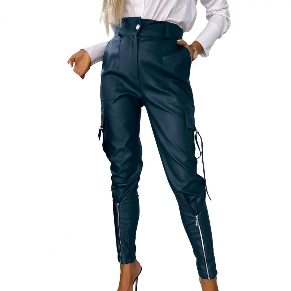 Women's Leather Pants Multi Pockets Women PU Leather Pants High Waist Skinny Push Up Leggings Pencil Pants Long Trousers