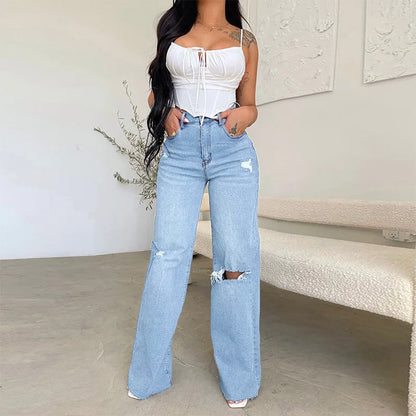 Women Jeans Wide Leg Pants Denim High Waist Zipper Fly Washing Holes Pockets High Street Ankle Length Flash Spring