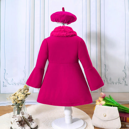 Kids Girls Trench Coat Long Sleeve Furry Collar Warm Peacoat with Beret Hat Set Windproof Jacket Outerwear for Casual Wear