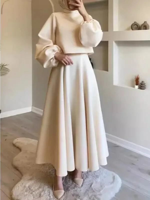 Eid Muslim Skirt Outfits Two Piece Set Women Round Collar Top Long Skirt Suit Ramadan Morocco Dubai Arabic Elegant Ensemble 2025