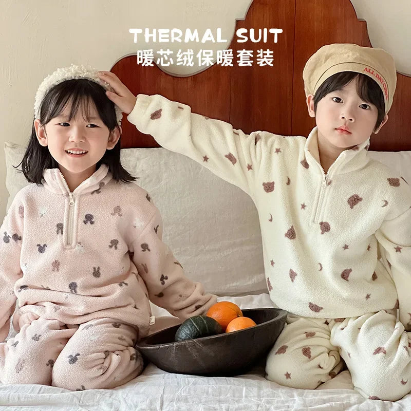 Children's Pajama Set Winter Fleece Sleepwear for Kids Thick Warm Boys Girls Piyamas Teenager Home Clothes Baby Pijama 1-12T