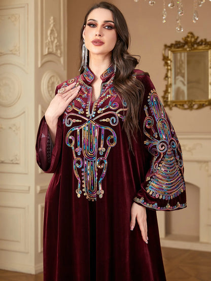 Sequin Embroidery Abayas for Women Eid Muslim Maxi Dress Dubai Kaftan Long Sleeve Winter Velvet Jalabiya Islam Clothing Vestidos