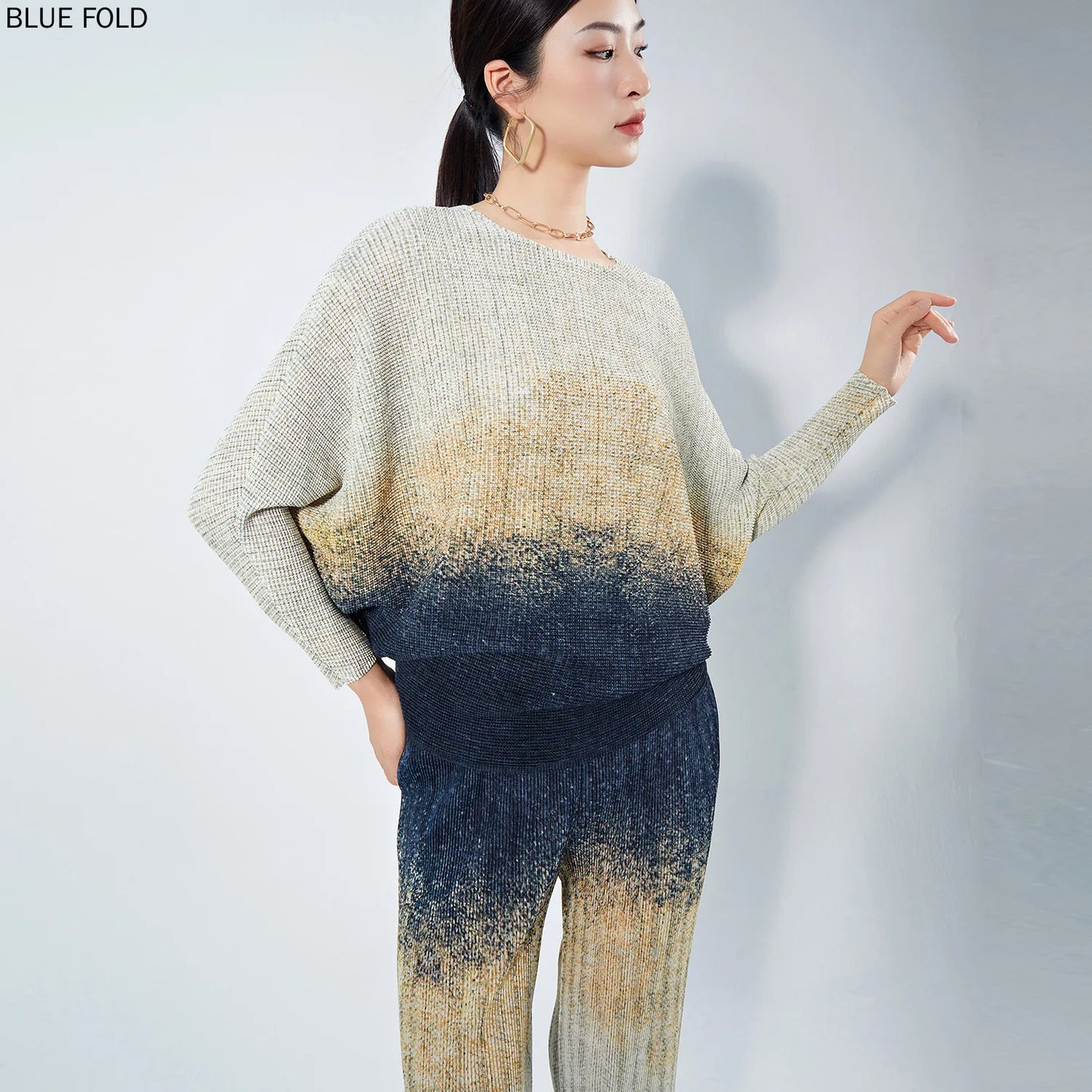 MIYAKE-Women's Printed Round Neck Long-Sleeved Top and Straight-Leg Pants, Pleated Tshirt Sets, High-End Fashion Suit