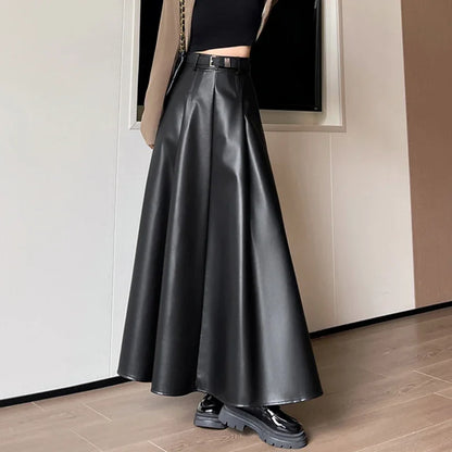 Ankle Length Faux Leather Skirt for Women Autumn Winter Elegant Belt A Line High Waist Long Maxi PU Skirt Female Z380