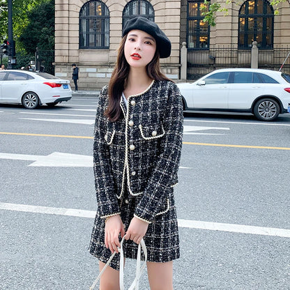 New Runway Tweed Suit Women Pearls Bottons Plaid Short Jacket Coat + Split Mini Skirts Vintage Wool Cashmere Two Piece Set