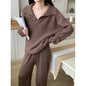 Autumn Cashmere Warm Soft Pants Suit Winter New Fashion Lapel V Neck Sweater Knitwear Casual Pants Women Two-piece Sets Elegant