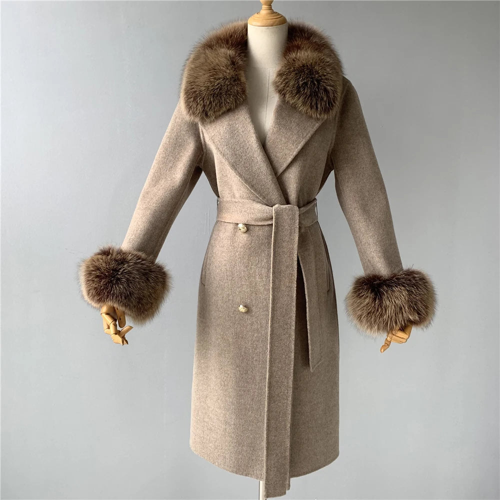 Women's Cashmere Wool Coat Spring Real Fox Fur Collar Woolen Trench Jacket Winter Adjustable Waist Slim Ladies Long Overcoat