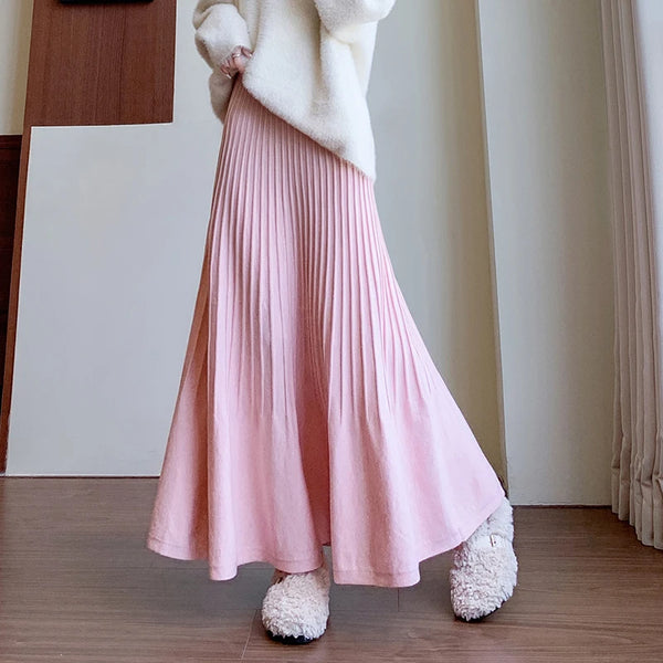 Fashion Winter Autumn Warm Women Solid Knitted Long Maxi Skirt Stretch Skirt High Waist A-Line Pleated Skirt Female