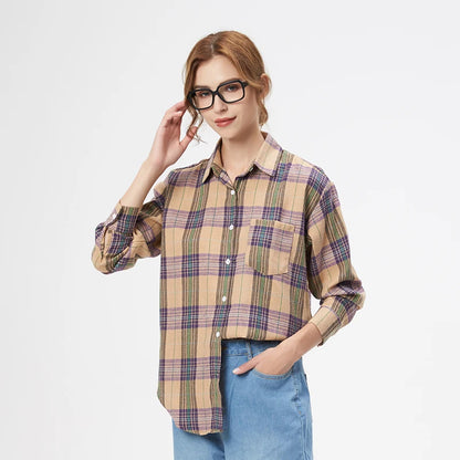 New Fashion Loose Womens Plaid Shirt Fresh College Style Design Blouses And Tops Long Sleeve Casual Female Checked Clothes