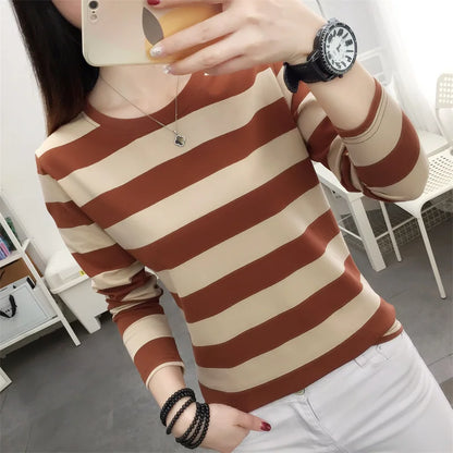 Autumn Loose Pure Cotton Long Sleeve T-shirt Women Clothing Middle-aged Mom Base Shirt Striped Top