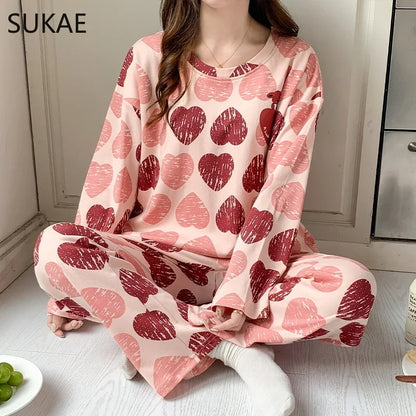 SUKAE Pink Puppy Printing Women Sleepwear Korean New Pajamas Set O-neck Long Sleeve Pijamas Autumn Spring Faux Cotton Nightwear