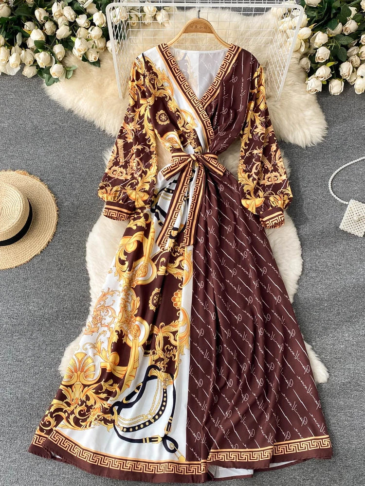 ZCWXM Spring Bohemian Women Maxi Dresses A-LINE Puff Sleeve V-Neck Long Rebe Female Fashion Evening Ankle-Length Dresses