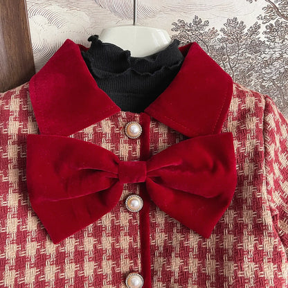 2025 Winter New Korean Edition Girls Red Grid Bow Set Baby Cotton Two Piece Set Toddler Girl Designable Gentle Clothes