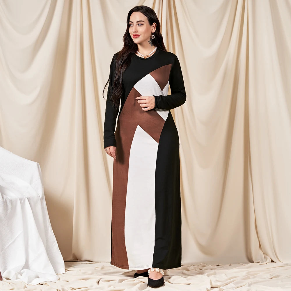 FridayIn Muslim Abaya Fashion Color Contrast Splicing Long Dresses for Women Round Neck Regular Sleeve Female Skirt Kaftan