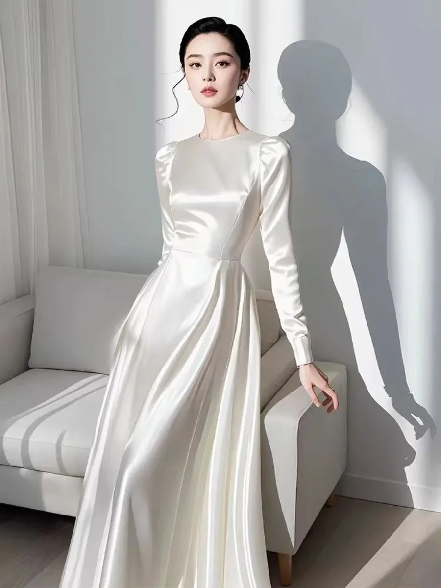 Autumn Elegant Satin Women's Long Sleeve Dress Round Neck White French Midi Skirt Women's A-Line Evening dresses N1013-1