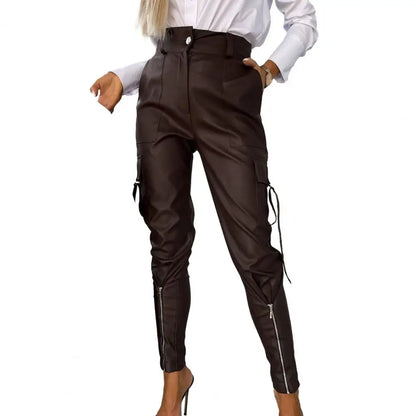 Women's Leather Pants Multi Pockets Women PU Leather Pants High Waist Skinny Push Up Leggings Pencil Pants Long Trousers