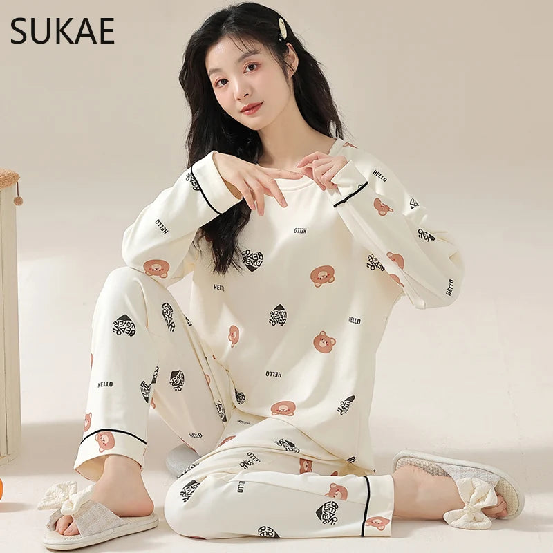 SUKAE M-5XL Big Size Women Pajama Set Autumn Winter New Cotton Long Sleeves Woman Sleepwear Casual Girl Pijama Cartoon Nightwear