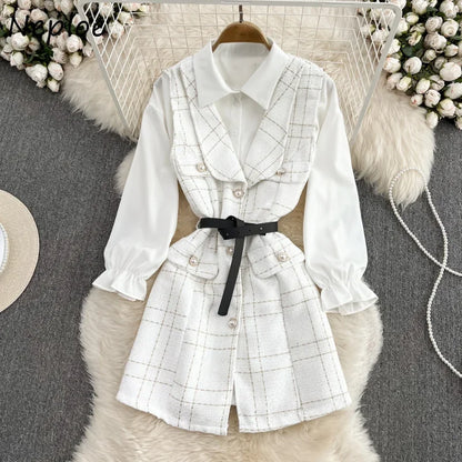 Neploe Y2k Set Women 2 Pieces Turn Down Collar Long Sleeve Single-breasted Top Suit+plaid Sleeveless Belt Slim Vest Outfits