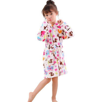 Children Hooded Flannel Bathrobe Robes Adorable Comfortable Cartoon print pattern Boys and Girls Home Wear Casual Sleepwear