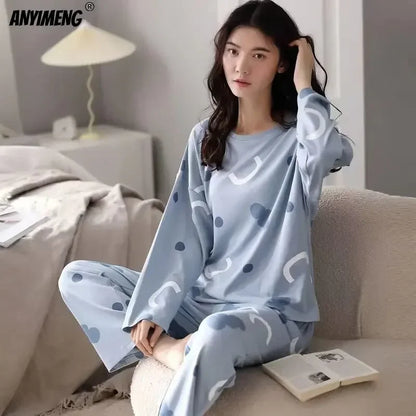 M-5XL Big Size Autumn Spring Pajamas Set for Women Kawaii Printing Sleepwear for Girl Fashion Long Sleeve O-neck Woman's Pijamas