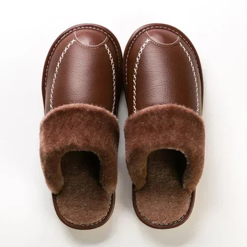 Men Winter Leather Slippers Bedroom Cotton Slippers Male Waterproof Thick Plus Velvet Indoor Warm House Home Slippers Shoes