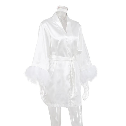 White Feather Robe With Fur Full Sleeves Sleepwear Satin Robes For Women Nightgown Bride Robe Gown Dress Bathrobe Female