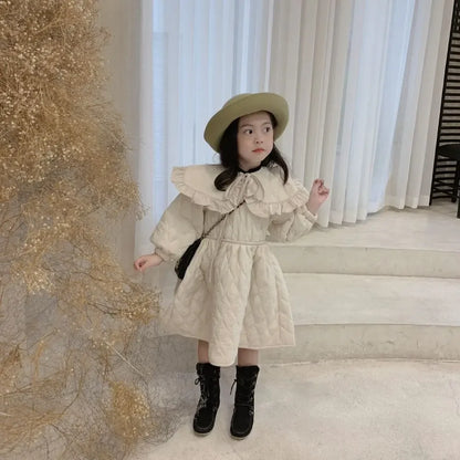 Korean Girls' Dress Winter New Fashionable Plush Thickened Large Lapel Cotton Skirt Children's Little Girl Princess Dress