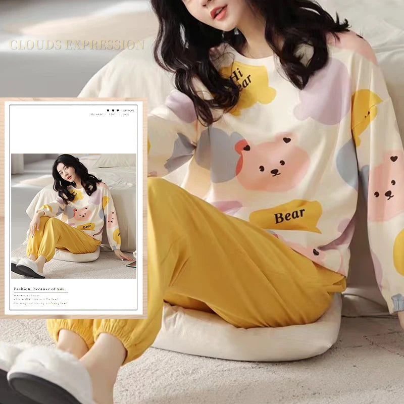 Spring Autumn Size 5XL Women Polyester Pajamas Dots Sleepwear Long-sleeved Homewear Sets Womens Cartoon Nightwear Casual Pijamas