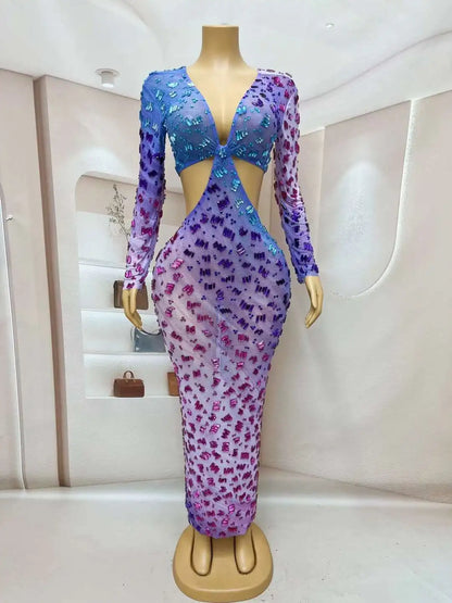 1&Only Women Hollow Shining Stones Mesh Dress Evening Birthday Costume Prom Gowns Party Celebrate Performance Long Dress Haichao