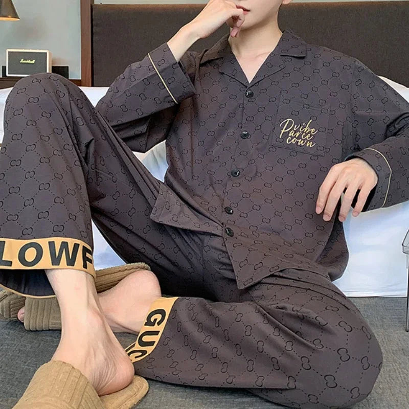 Spring Autunm Plus 5XL Knitted Pjs Turn-down Men‘s Pajama Sets Cardigan Male Pyjamas Plaid Loungewear Sleepwear Homewear Fashion