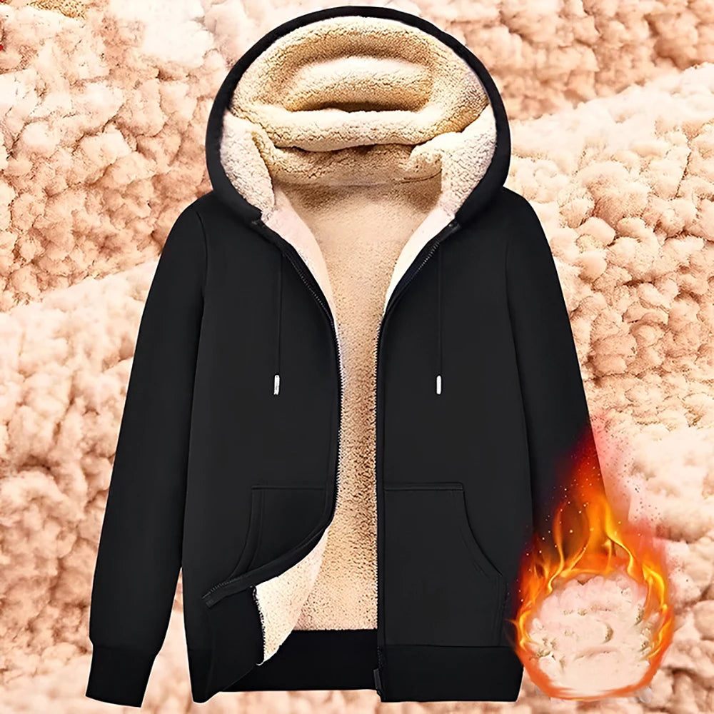 Trendy Sweatshirt Coat Front Pockets Warm Zipper Lamb Wool Jacket  Men and Woman Winter Pure Color Plush Lined Cardigan Hoodie